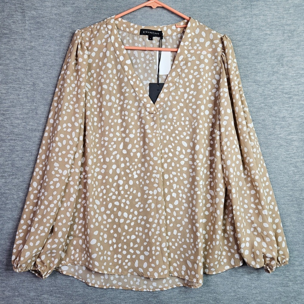 Gibsonlook Womens Blouse Top L Beige White Polka Dot V Neck Long Sleeve NWT
